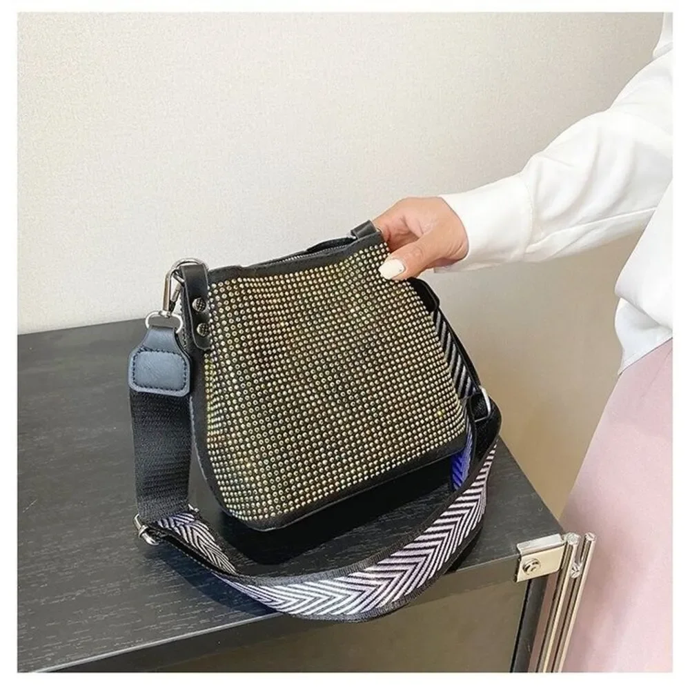 Women's Black And Gold  Bucket Shoulder Bag With Long Wide Strap